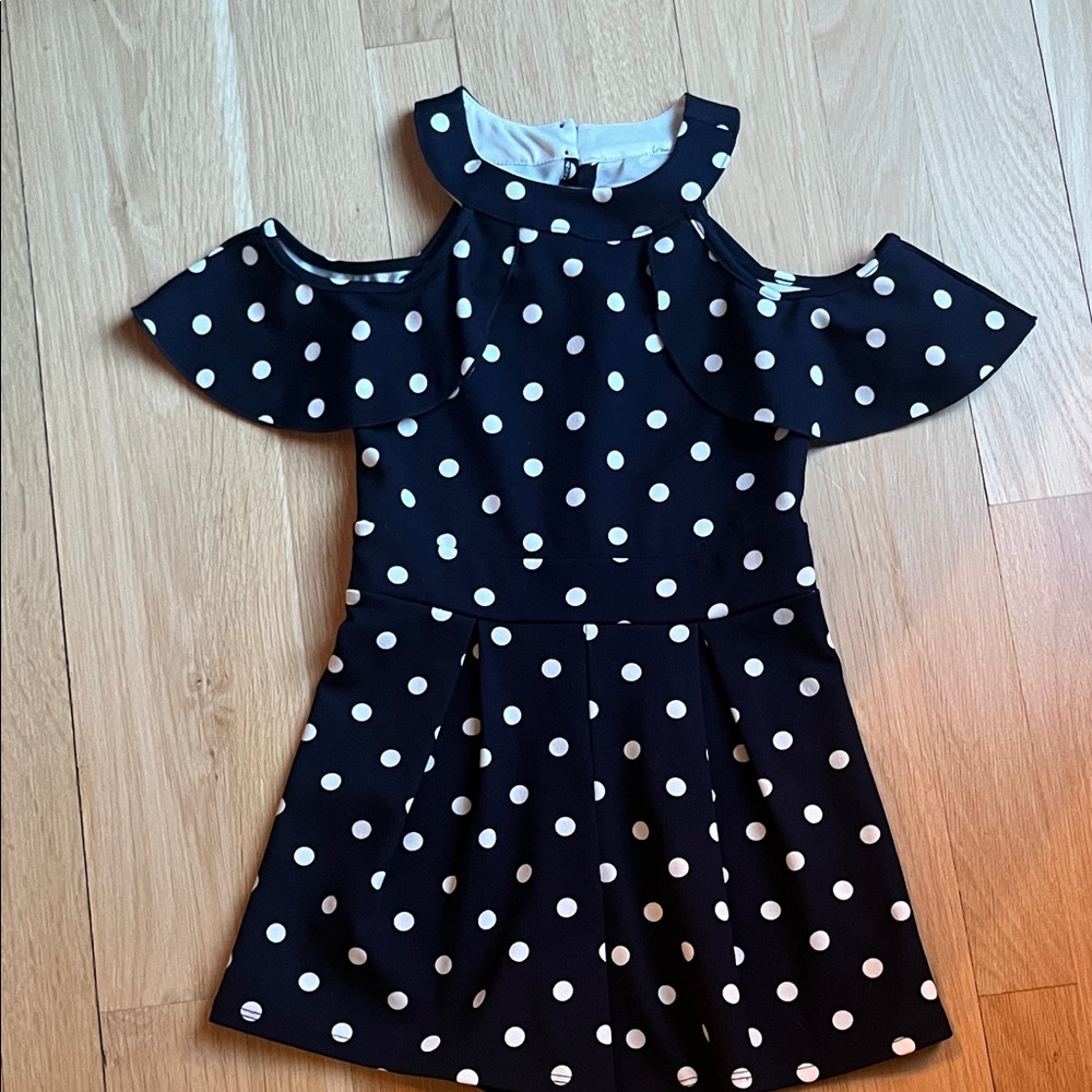 Honey and Rosie Navy and White Polka Dot Cold-Shoulder Dress